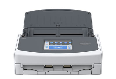 a grey printer with a blue screen