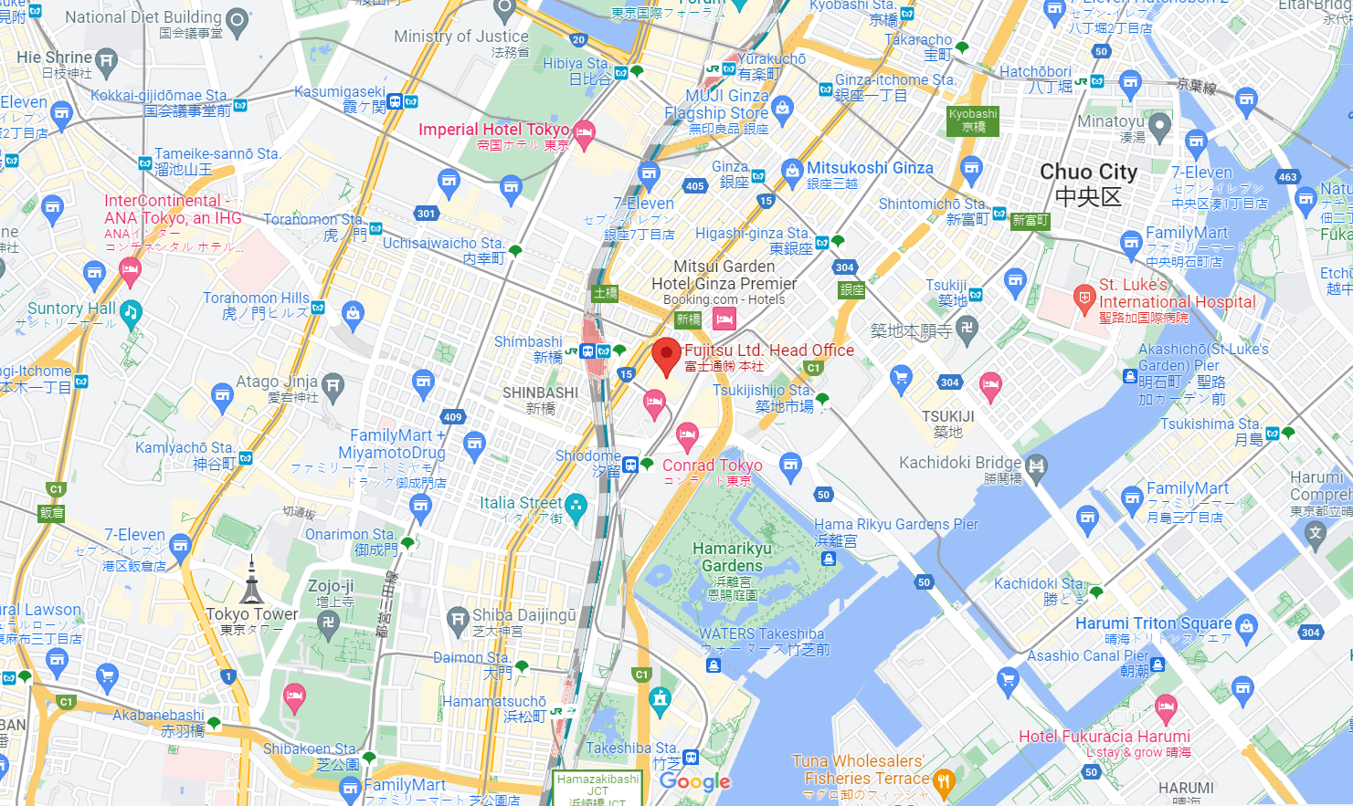 Google Map showing the Fujitsu office location in Tokyo and the surrounding area