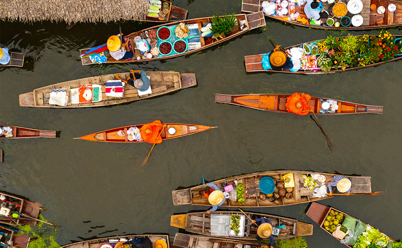 Bird's eye view of a floating market in Thailand