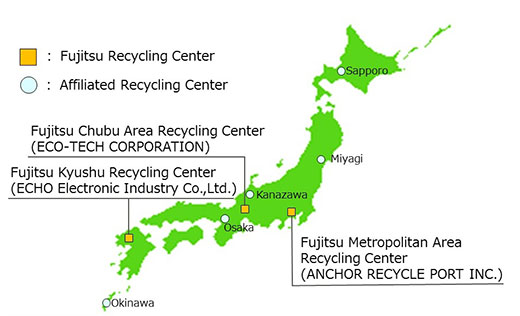 Map of Fujitsu Recycling Centers Throughout Japan