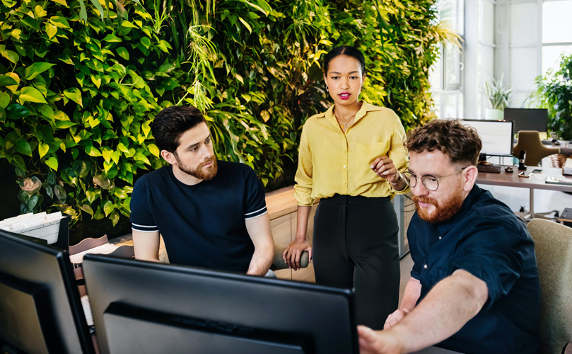An office team working at a computer desk in front of a leafy botanical display