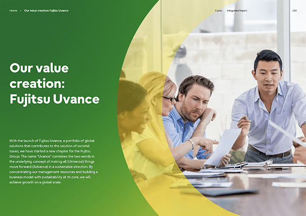 Thumbnail image of Fujitsu Integrated Report 2022 "Our value creation: Fujitsu Uvance" section