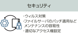 ［セキュリティ］ウィルス対策 / ファイルサーバのパッチ適用など / メンテナンスの容易性 / 適切なアクセス権設定