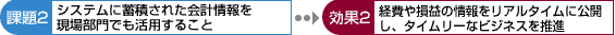導入前の「システムに蓄積された会計情報を現場部門でも活用すること」という課題に対しては「経費や損益の情報をリアルタイムに公開し、タイムリーなビジネスを推進」という効果を