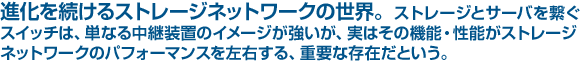 進化を続けるストレージネットワークの世界。ストレージとサーバを繋ぐスイッチは、単なる中継装置のイメージが強いが、実はその機能・性能がストレージネットワークのパフォーマンスを左右する、重要な存在だという。