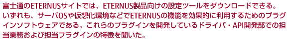 富士通のETERNUSサイトでは、サーバOSや仮想化環境などでETERNUSの機能を効果的に利用するためのプラグインソフトウェアをダウンロードできる。これら設定ツールの開発における業務内容と担当プラグインの特徴を聞いた。