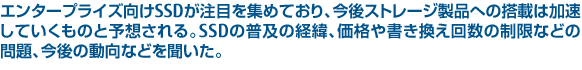 エンタープライズ向けSSDが注目を集めており、今後ストレージ製品への搭載は加速していくものと予想される。SSDの普及の経緯、価格や書き換え回数の制限などの問題、今後の動向などを聞いた。