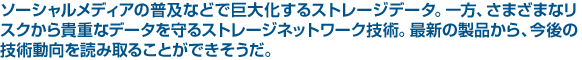 ソーシャルメディアの普及などで巨大化するストレージデータ。一方、さまざまなリスクから貴重なデータを守るストレージネットワーク技術。最新の製品から、今後の技術動向を読み取ることができそうだ。