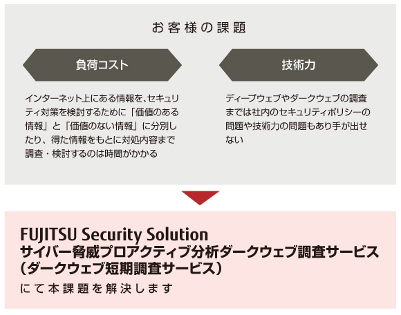 独力でのインターネットパトロールには、セキュリティ対策検討のための時間がかかるなど、コスト面での課題や、社内のセキュリティポリシーや技術力の問題から、ディープウェブやダークウェブの調査ができないなどのスキル的な課題があります。 独力でのインターネットパトロールには、セキュリティ対策検討のための時間がかかるなど、コスト面での課題や、社内のセキュリティポリシーや技術力の問題から、ディープウェブやダークウェブの調査ができないなどのスキル的な課題があります。