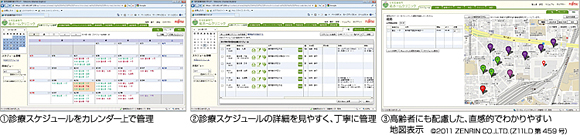 診療スケジュールをカレンダー上で管理。診療スケジュールの詳細を見やすく、丁寧に管理。高齢者にも配慮した、直感的でわかりやすい地図表示。