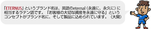 「ETERNUS」というブランド名は、英語のeternal(永遠に、永久に)に相当するラテン語です。「お客様の大切な資産を永遠に守る」というコンセプトがブランド名に、そして製品に込められています。 「ETERNUS」というブランド名は、英語のeternal(永遠に、永久に)に相当するラテン語です。「お客様の大切な資産を永遠に守る」というコンセプトがブランド名に、そして製品に込められています。
