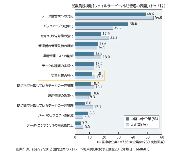 従業員規模別「ファイルサーバー / NAS管理の課題」（トップ12）のグラフ