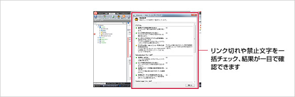 マーケティング機能統合型 Web CMS Sitecore Experience Platformインターフェース画面例:リンク切れや禁止文字を一括チェック、結果が一目で確認できます マーケティング機能統合型 Web CMS Sitecore Experience Platformインターフェース画面例:リンク切れや禁止文字を一括チェック、結果が一目で確認できます