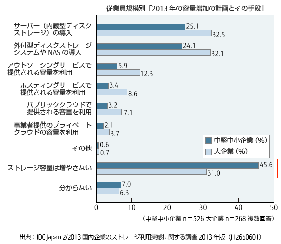 従業員規模別「2013年の容量増加の計画とその手段」のグラフ