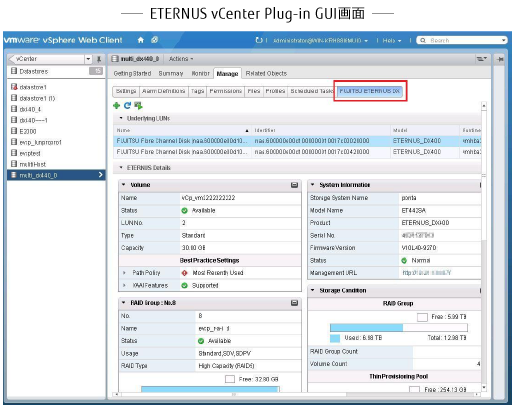 ETERNUS vCenter Plug-in GUI画面