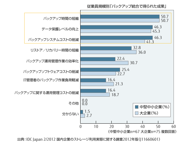 従業員規模別「バックアップ統合で得られた成果」 のグラフ