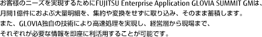 お客様のニーズを実現するためにFUJITSU Enterprise Application GLOVIA SUMMIT GMは、月間1億件におよぶ大量明細を、集約や変換をせずに取り込み、そのまま蓄積します。また、GLOVIA独自の技術により高速処理を実現し、経営層から現場まで、それぞれが必要な情報を即座に利活用することが可能です。