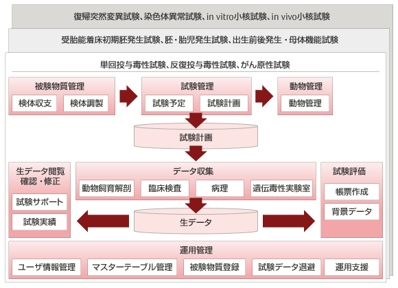 安全性試験（毒性試験）システム tsPharma LabSiteは、試験計画の作成から、各種データの収集、報告書作成まで、安全性試験（毒性試験）の実施をトータルサポートします。