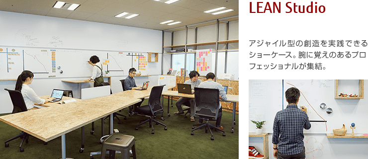 LEAN Studio アジャイル型の創造を実践できるショーケース。腕に覚えのあるプロフェッショナルが集結。 LEAN Studio アジャイル型の創造を実践できるショーケース。腕に覚えのあるプロフェッショナルが集結。