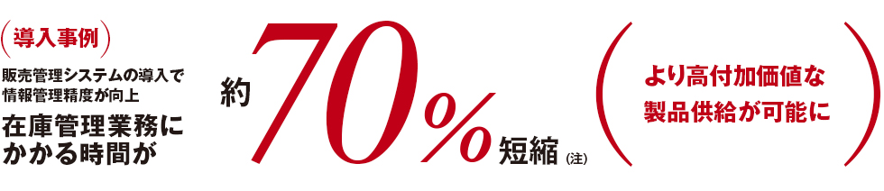 (導入事例)販売管理システムの導入で情報管理精度が向上 在庫管理業務にかかる時間が約70%短縮 (より高付加価値な製品供給が可能に) (導入事例)販売管理システムの導入で情報管理精度が向上 在庫管理業務にかかる時間が約70%短縮 (より高付加価値な製品供給が可能に)