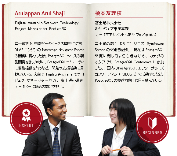 Arulappan Arul Shaji Fujitsu Australia Software Technology 富士通で14年間データベースの開発に従事。PostgreSQLコミュニティーに機能提供を行うなど、開発や支援活動に貢献している。現在はFujitsu Australiaでプロジェクトマネージャーとして、最新データベース製品の開発を担当 榎本友理枝 富士通株式会社 ミドルウェア事業本部 富士通の若手DBエンジニア。現在はPostgreSQL Conferenceに参加したり、国内のPGECons活動など、PostgreSQLの技術力向上に日々励んでいる