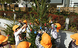 写真：クリスマスツリーに飾り付けをする子供達