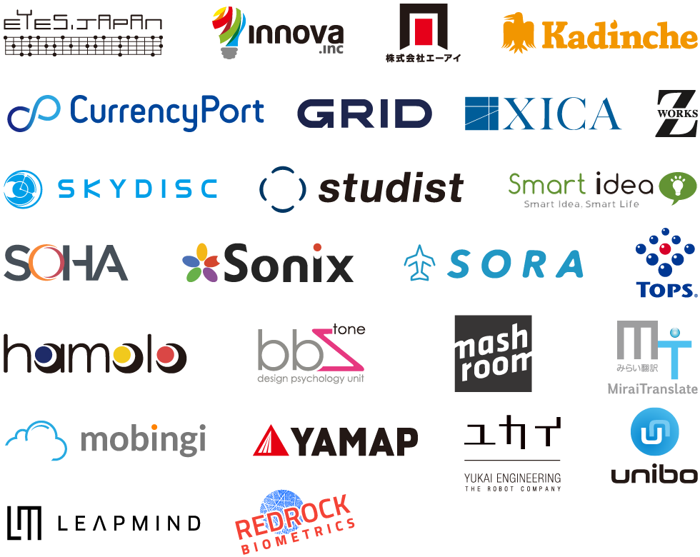 （協業検討実績 ※50音順）株式会社Eyes, JAPAN、株式会社イノーバ、株式会社エーアイ、カディンチェ株式会社、カレンシーポート株式会社、株式会社グリッド、株式会社サイカ、Z-Works株式会社、株式会社スカイディスク、株式会社スタディスト、スマートアイデア株式会社、Soha Systems, Inc.、株式会社ソニックス、株式会社空、株式会社トプスシステムズ、株式会社HAMOLO、株式会社BBStoneデザイン心理学研究所、株式会社みらい翻訳、株式会社マッシュルーム、Mobingi, Inc.、株式会社ヤマップ、ユカイ工学株式会社、ユニロボット株式会社、リープマインド株式会社、Redrock Biometrics, Inc.