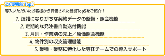 ご好評機能Top5。導入いただいたお客様から評価された機能Top5をご紹介!1.煩雑になりがちな契約データの整備・照会機能。2.定期的な発注書自動送付機能。3.月別・作業別の売上/原価照会機能。4.物件別の収支管理機能。5.業種・業務に特化した専任チームでの導入サポート。 ご好評機能Top5。導入いただいたお客様から評価された機能Top5をご紹介!1.煩雑になりがちな契約データの整備・照会機能。2.定期的な発注書自動送付機能。3.月別・作業別の売上/原価照会機能。4.物件別の収支管理機能。5.業種・業務に特化した専任チームでの導入サポート。