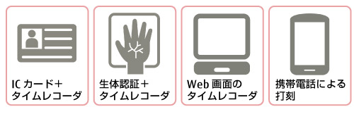 ICカード＋タイムレコーダ、生体認証＋タイムレコーダ、Web画面のタイムレコーダ、携帯電話による打刻