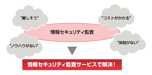 情報セキュリティ監査に対する、「難しそう」、「ノウハウがない」、「コストがかかる」、「体制がない」などの課題を、「情報セキュリティ監査サービス」で解決します。