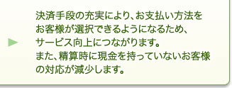 決済手段の充実により、お支払い方法をお客様が選択できるようになるため、サービス向上につながります。また、精算時に現金を持っていないお客様の対応が減少します。 決済手段の充実により、お支払い方法をお客様が選択できるようになるため、サービス向上につながります。また、精算時に現金を持っていないお客様の対応が減少します。