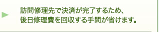 訪問修理先で決済が完了するため、後日修理費を回収する手間が省けます。 訪問修理先で決済が完了するため、後日修理費を回収する手間が省けます。