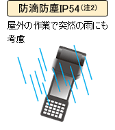 防滴防塵IP54（注2）。屋外の作業で突然の雨にも考慮。