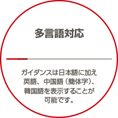 多言語対応。ガイダンスは日本語に加え英語、中国語（簡体字）、韓国語を表示することが可能です。