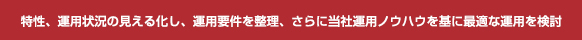 特性、運用状況の見える化し、運用要件を整理、さらに当社運用ノウハウを基に最適な運用を検討