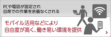 PCや電話が固定され、自席での作業を余儀なくされる 無線LAN導入によるフリーアドレス化を実現