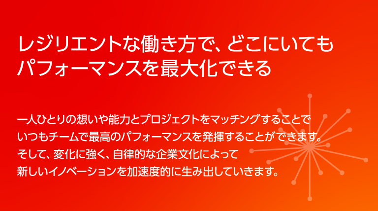 レジリエントな働き方で、どこにいてもパフォーマンスを最大化できる一人ひとりの想いや能力とプロジェクトをマッチングすることでいつもチームで最高のパフォーマンスを発揮することができます。そして、変化に強く、自律的な企業文化によって新しいイノベーションを加速度的に生み出していきます。