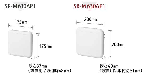 図：筐体サイズ SR-M610AP1 幅・高さ 175ミリメートル 厚さ37ミリメートル（設置用品取付時48ミリメートル）、SR-M630AP1 幅・高さ 200ミリメートル 厚さ40ミリメートル（設置用品取付時51ミリメートル）