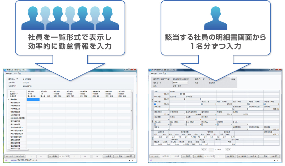 複数人を一括入力する画面と、1名分ずつ入力する画面を比較した図