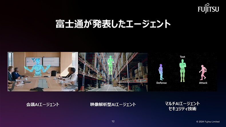 富士通が発表した3つのエージェント。、「会議AIエージェント」、「映像解析型AIエージェント」、「マルチAIエージェントセキュリティ技術」