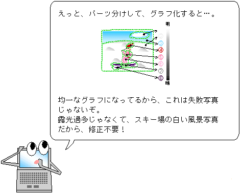 えっと、パーツ分けして、グラフ化すると・・・。均一なグラフになってるから、これは失敗写真じゃないぞ。露光過多じゃなく、スキー場の白い背景写真だから、修正不要！