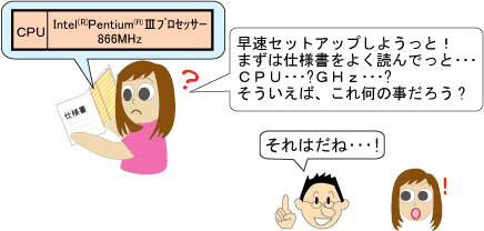 早速セットアップしようっと。まずは仕様書を良く読んでっと。CPUってなんだろう。ギガヘルツってなんだろう。そういえば、これって何の事だろう。