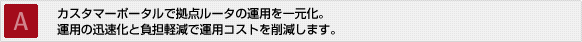 A：カスタマーポータルで拠点ルータの運用を一元化。運用の迅速化と負担軽減で運用コストを削減します。