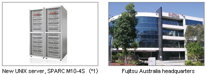Two pictures; 1: New UNIX server SPARC M10-4S(*1). 2: Fujitsu Australia headquarters. Two pictures; 1: New UNIX server SPARC M10-4S(*1). 2: Fujitsu Australia headquarters.