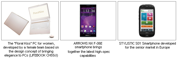 Three pictures; 1: The 'Floral Kiss' PC for women, developed by a female team based on the design concept of bringing elegance to PCs (LIFEBOOK CH55/J). 2: ARROWS NX F-06E smartphone brings together the latest high-spec capabilities. 3: STYLISTIC S01 Smartphone developed for the senior market in Europe. Three pictures; 1: The 'Floral Kiss' PC for women, developed by a female team based on the design concept of bringing elegance to PCs (LIFEBOOK CH55/J). 2: ARROWS NX F-06E smartphone brings together the latest high-spec capabilities. 3: STYLISTIC S01 Smartphone developed for the senior market in Europe.