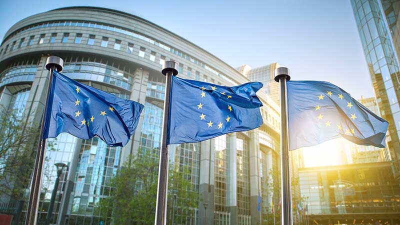 Photo of a European Union building in Brussels with flags outside