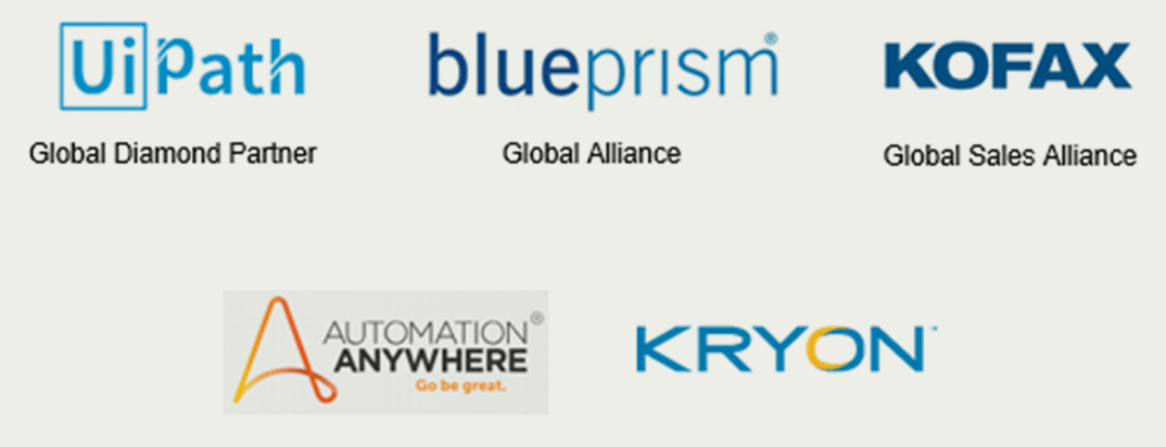 UiPath Global Diamond Partner; blueprism Global Alliance; KOFAX Global Sales Alliance; Automation Anywhere; Kryon.