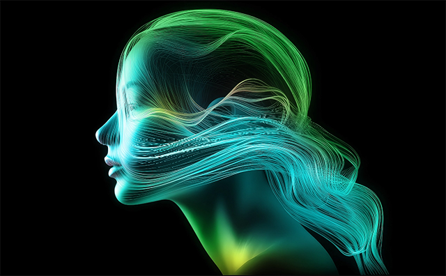 A digital, neon-colored profile of a human head with flowing lines and intricate details, symbolizing artificial intelligence and human connection