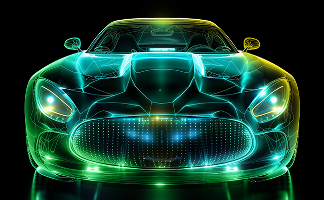 An AI generated 3D wireframe model of a fast-moving car, with vibrant, iridescent green and yellow colouring.