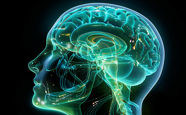 A transparent, illuminated brain with neon-colored pathways and circuits, representing advanced neural networks and AI technology.